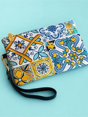 Italian Leather Tile-Print Wristlet Clutch - Blue & Yellow